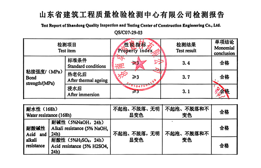 卓高聚脲粘結力、耐酸堿性、耐水檢測報告